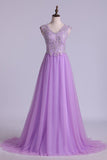 V Neck A Line/Princess Prom Dress Tulle With Applique &