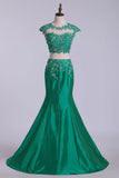 Two Pieces Bateau Prom Dresses Mermaid Sweep Train With Beading &
