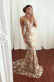 Sexy Mermaid V Neck Lace Appliques Long Prom Dresses Spaghetti Straps Formal STAPJE6FLPT