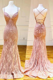 Mermaid Spaghetti Straps Pink Lace V Neck Beads Prom Dresses with STA20426