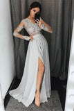Beautiful Silver Chiffon Lace V-Neck Simple Cheap Elegant Prom Dresses With
