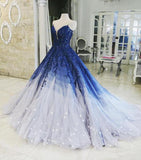 Ombre Ball Gown Royal Blue Prom Dresses With Appliques, Long V Neck Quinceanera Dresses STA15275