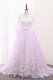 A Line Long Sleeves Tulle Scoop Flower Girl Dresses With Applique