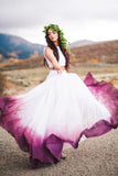 Flowy Two Pieces White Straps Prom Dresses Bateau Fuchsia Dyed Chiffon Wedding Dress STA15233