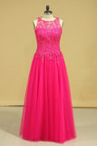 A Line Open Back Scoop Prom Dresses Tulle With Applique & Beading Floor Length