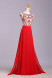 Hot Selling Scoop A Line Full Length Prom Dress Beaded Tulle Bodice With Chiffon Skirt