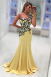 One Shoulder Mermaid Spandex Prom Dresses With Applique Sweep