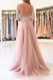 A Line Scoop 3/4 Length Sleeves Tulle With Applique Prom Dresses Sweep