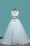 A Line Spaghetti Straps Wedding Dresses Tulle With Beads Open