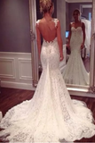 Spaghetti Straps Open Back Wedding Dresses Mermaid Lace