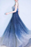 Elegant A Line Royal Blue Straps Floor Length Prom Dresses, Ombre Dance Dresses STA15150