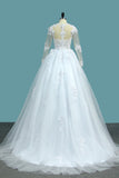A Line V Neck Long Sleeves Wedding Dresses Tulle With