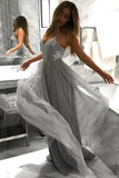 Flowy A Line Spaghetti Straps Grey Tulle Long Prom Dresses Cheap Dance Dresses STA15228