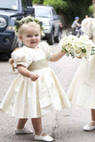 Vintage Juliet Sleeves Tea Length Round Neck Satin Flower Girl Dresses, Little Dresses STA15606