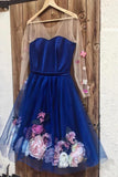 Unique Long Sleeve Blue Short Prom Dresses With 3D Appliques, Homecoming Dress STA15604