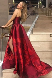 Unique A Line Strapless Burgundy Satin Prom Dresses With Appliques Formal STAPYZN65CB
