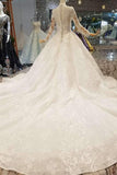Ball Gown Wedding Dresses High Neck Long Sleeves A-Line Lace
