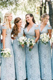 Mermaid Lace Baby Blue V Neck Bridesmaid Dresses for Wedding STA20425