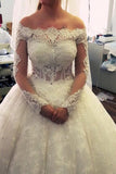 Ball Gown Boat Neck Tulle With Applique And Beads Long Sleeves Wedding