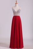 A Line V Neck Prom Dresses Chiffon With Beads And Slit Sweep Train