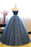 Navy Blue Ball Gown Sweetheart Sleeveless Lace Up Pearl Appliques Prom Dresses