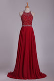 Halter A Line Prom Dresses Beaded Bodice Sweep Train Chiffon & Tulle Open Back