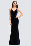 V-Neck Spaghetti Straps Velvet Dark Navy Blue Mermaid Evening Dress, Prom Dresses STA15480