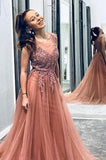 A Line Beaded Long Rosy Brown Tulle Prom Dresses, Round Neck Evening Dresses STA14991