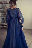 Charming A Line Long Sleeve Tulle Appliques Prom Dresses, Long Evening STA20456