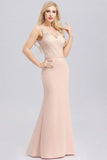 Elegant V-Neck Floral Lace Pink Evening Dress Satin Prom Dresses STA15216