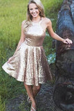 Halter Sequin A Line Backless Short Homecoming Dresses Simple Prom Gowns STA14977