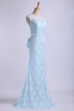 Bateau Prom Dresses Lace Sheath Floor Length With Sash