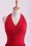 Red Halter A Line Knee Length Chiffon Bridesmaid Dresses Ruched Bodice