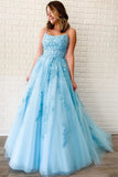 Unique A-Line Sky Blue Tulle Appliques Beads Scoop Prom Dresses with Lace STA20453
