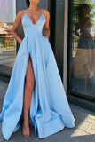 A Line Blue Satin Long Prom Dresses, V Neck High Slit Formal Evening Dresses with Pockets STA14992