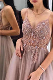 Gorgeous A-Line Spaghetti Straps V Neck Blush Tulle Prom Dresses, Cheap Evening Dresses STA15235