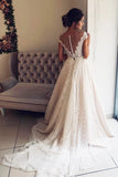 A Line Cap Sleeve Lace V Neck Chiffon Ivory Beads Wedding Dresses, Wedding Gowns STA14996