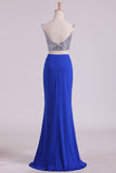 Spaghetti Straps Two Pieces Sheath Prom Dresses Spandex With Slit And