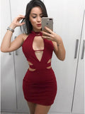 High Neck Burgundy Cut Out Sheath Short Evening Gown Cocktail Dresses with Keyhole