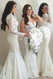 Long Sleeve Mermaid High Neck Ivory Bridesmaid Dress with Lace,Wedding Party STA20486