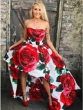 A Line Strapless High Low Red Rose Floral Satin Prom Dresses, Long Evening Dress STA15556