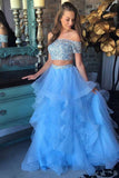 Sparkly Long 2 Pieces Off The Shoulder Light Blue Beading Prom