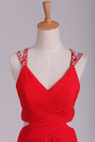 Red A Line Prom Dresses Spaghetti Straps Open Back With Ruffles And Beads