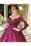 Prom Dress With Long Sleeves And Floral Embroidery Burgundy Colored Court STAPJ8SLMB9