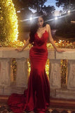 Chic Red Spaghetti Straps Mermaid V Neck Prom Dresses with Appliques, Formal Dresses STA15571