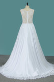 A Line Scoop Chiffon Wedding Dresses With Applique Sweep