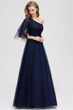 Simple A Line One Shoulder Navy Blue Tulle Prom Dresses Cheap Formal Dresses STA15382