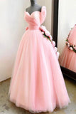 Charming Ball Gown Sweetheart Long Prom Dresses, Pink Sweet 16 Dress With Handmade Flowers STA15094