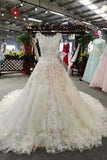 Marvelous Scoop Neck Floral Wedding Dresses Lace Up With Appliques And