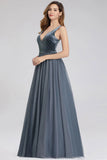A-Line V-Neck Sleeveless Blue Floor-length Evening Dress Cheap Prom Dresses STA15055